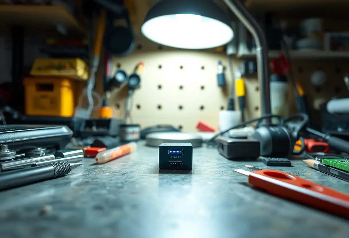 Un port de charge électronique sous un éclairage doux sur un comptoir