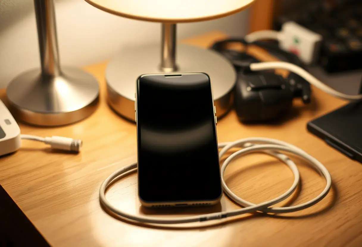 Un téléphone posé sur une table de nuit avec son câble de charge