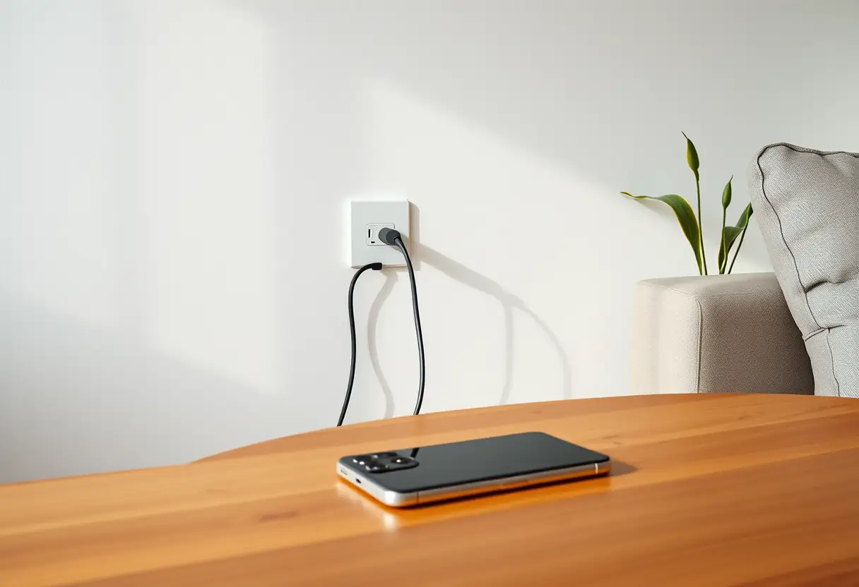 Un prise électrique avec un câble branché sur une table basse