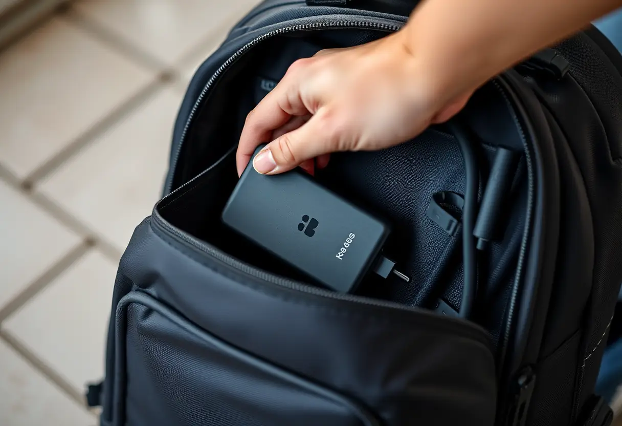 Main mettant un chargeur dans un sac à dos