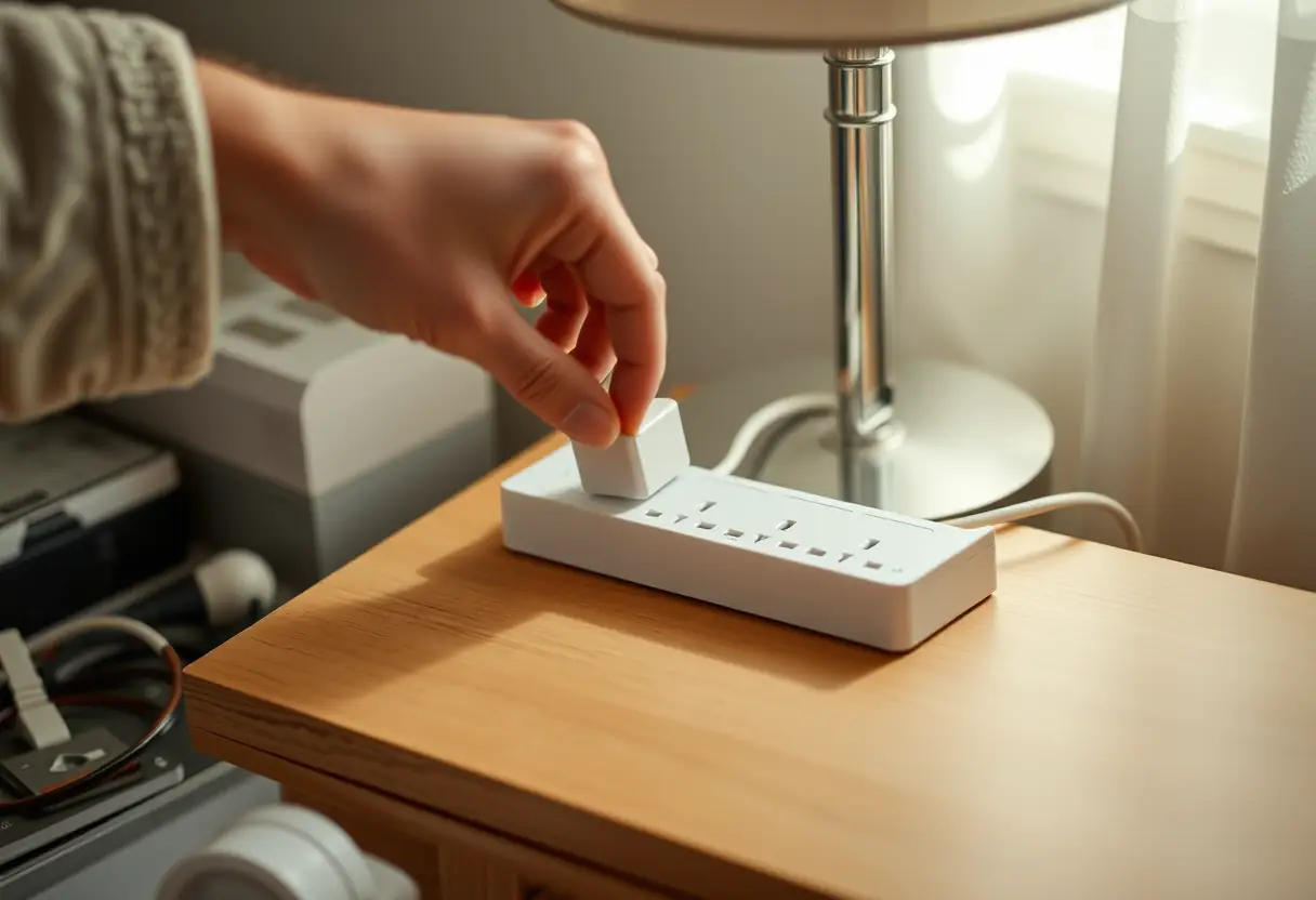 Une main insère un adaptateur dans une barre de secteur