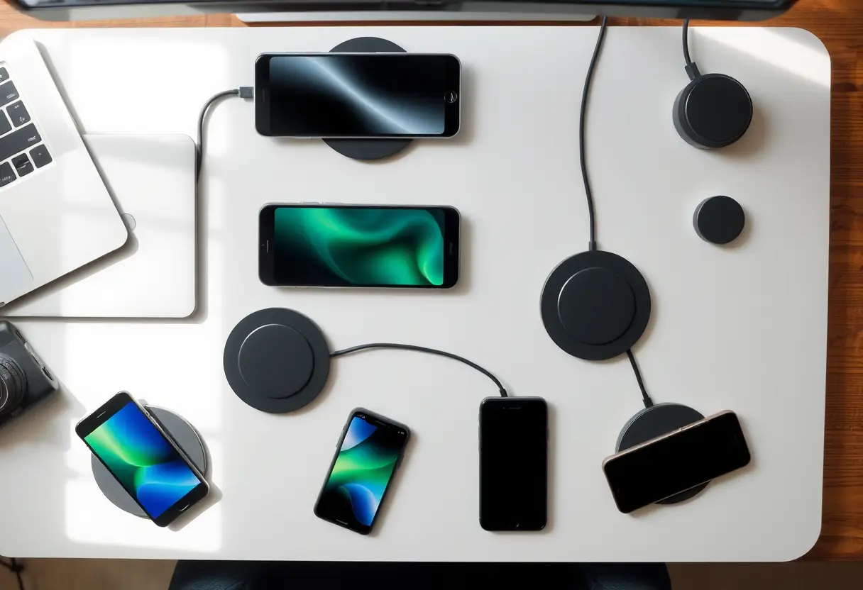 Vue d'ensemble d'un bureau avec différents appareils rechargeables sans fil grâce au MagSafe.