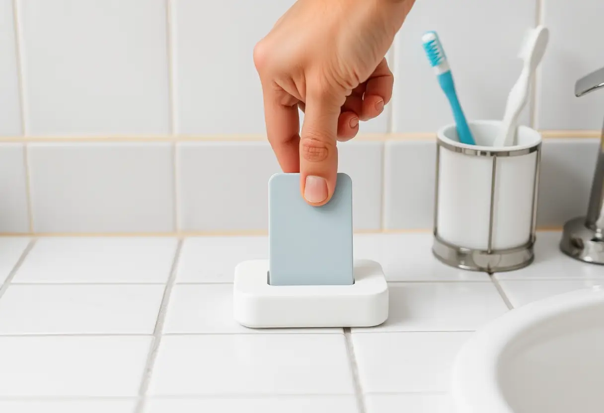 Une main pose un dock de charge sur un meuble de salle de bain