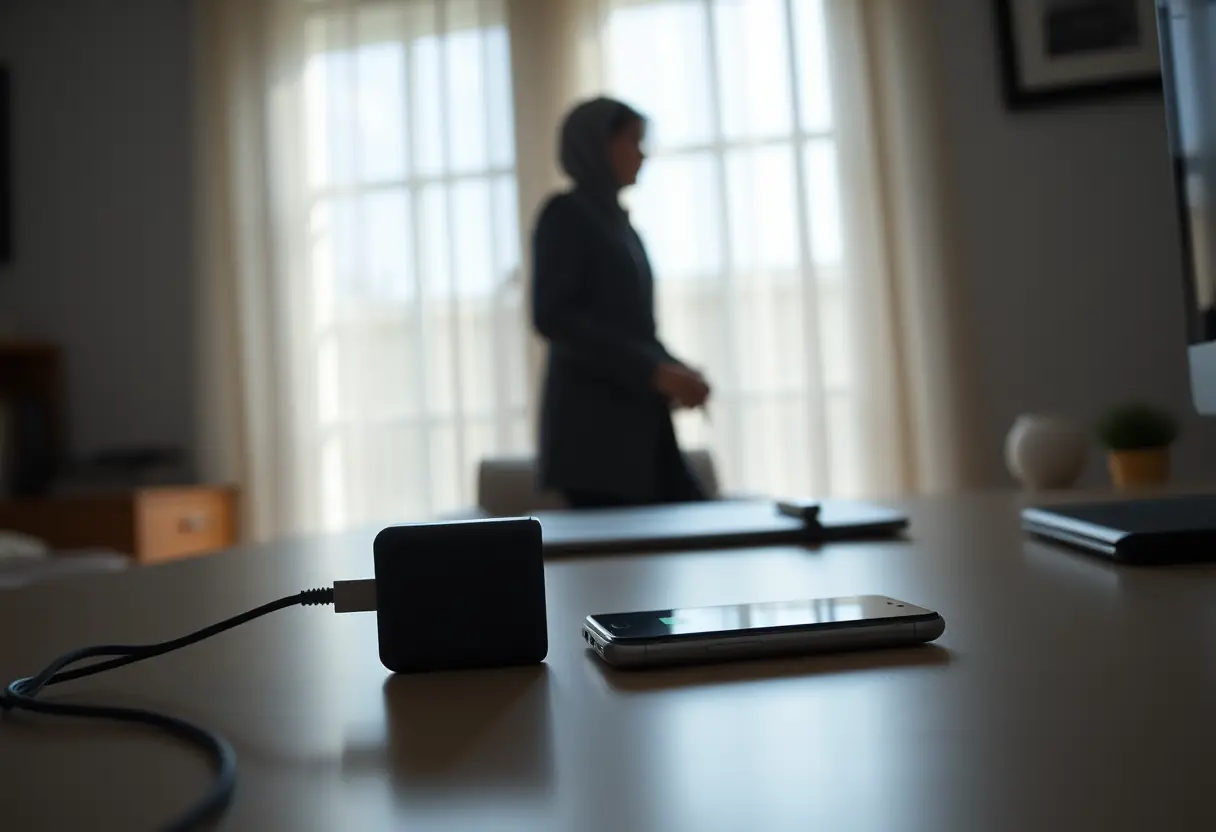 Dans un bureau à la maison, la silhouette d'une personne se profile derrière une fenêtre, tandis qu'un chargeur noir repose près d'un smartphone chargé