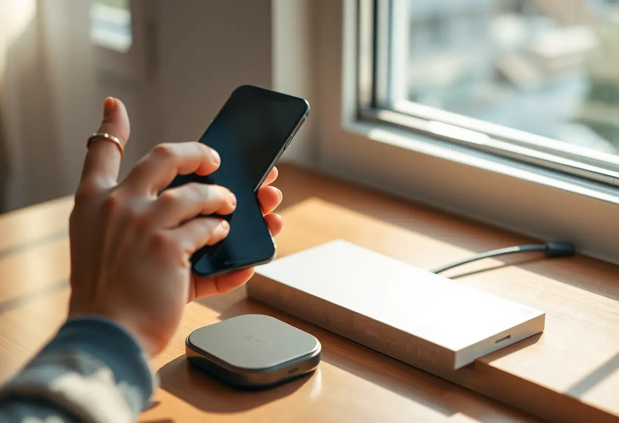Une main tenant un iPhone près d'un chargeur par induction