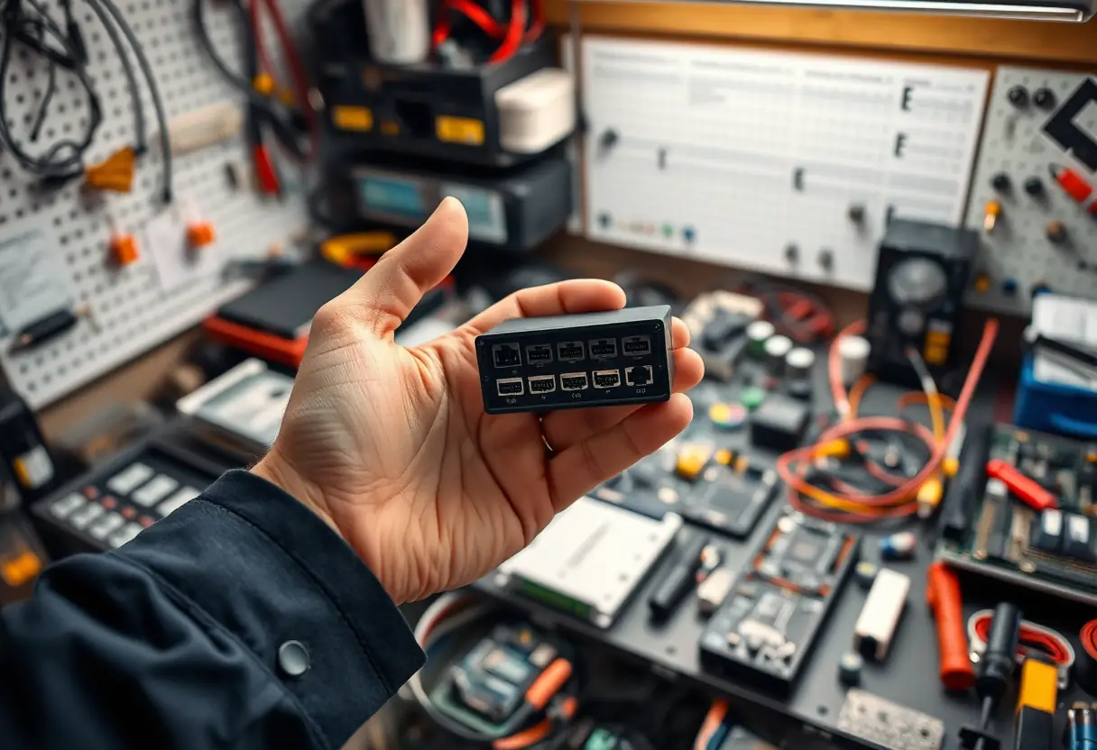 Main de technicien avec chargeur informatique
