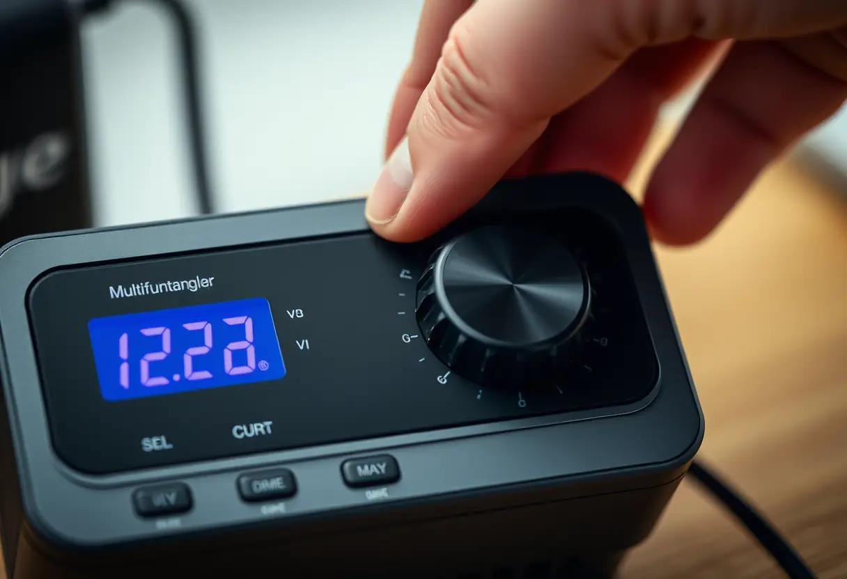 Une main ajuste un régulateur sur un chargeur multifonctionnel