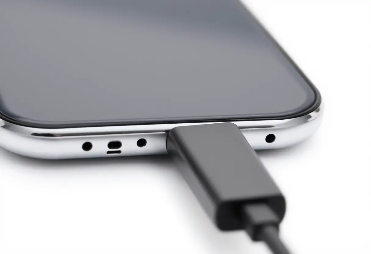 Un câble de charge connecté à un smartphone noir