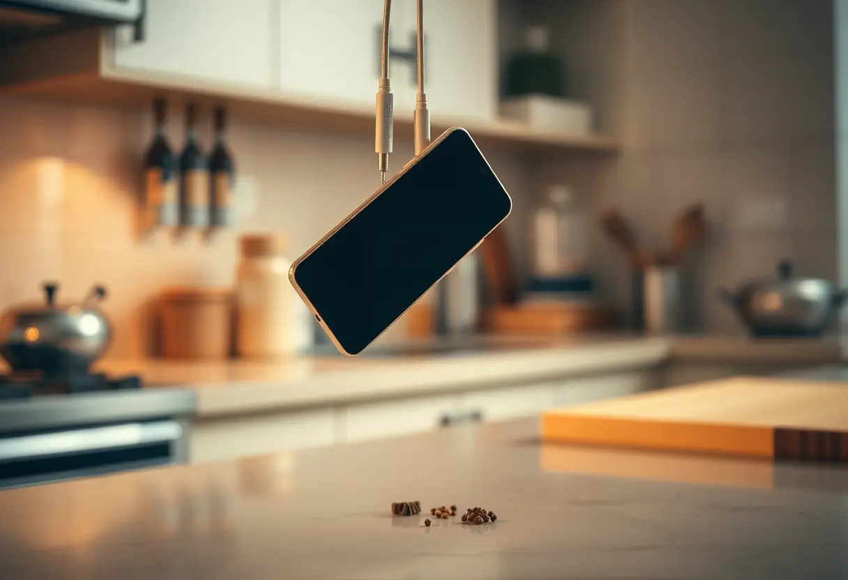 Câble de chargement d'un smartphone sur un plan de cuisine avec épices