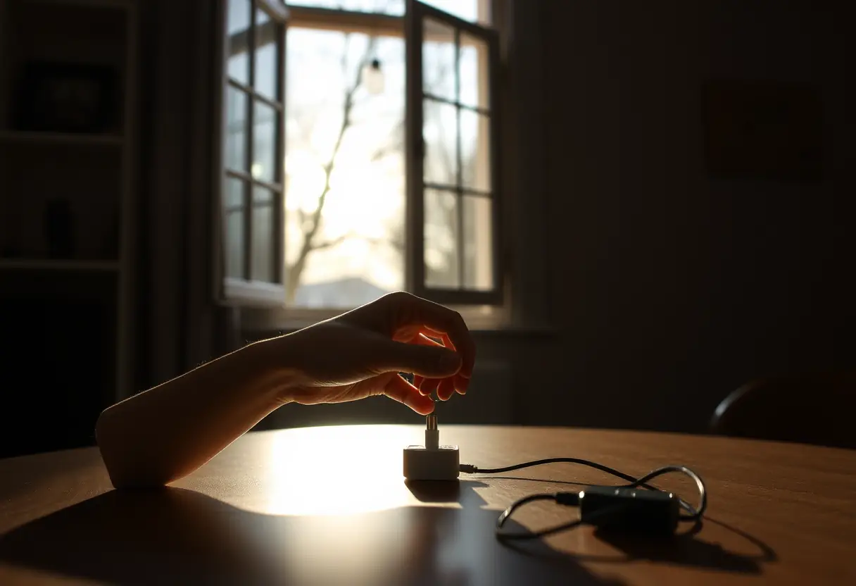 Main posant un chargeur sans fil sur une table de nuit