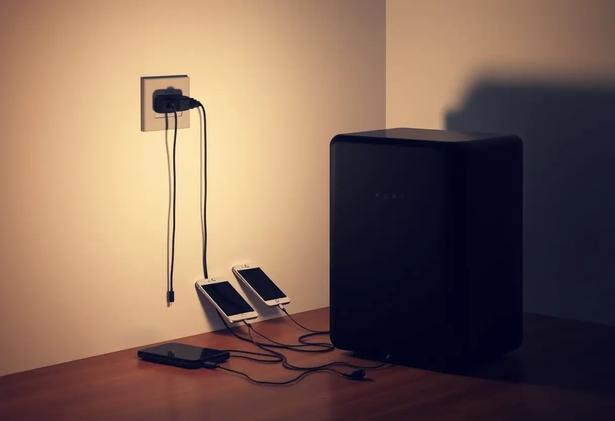 Un gros chargeur mural noir alimentant plusieurs smartphones