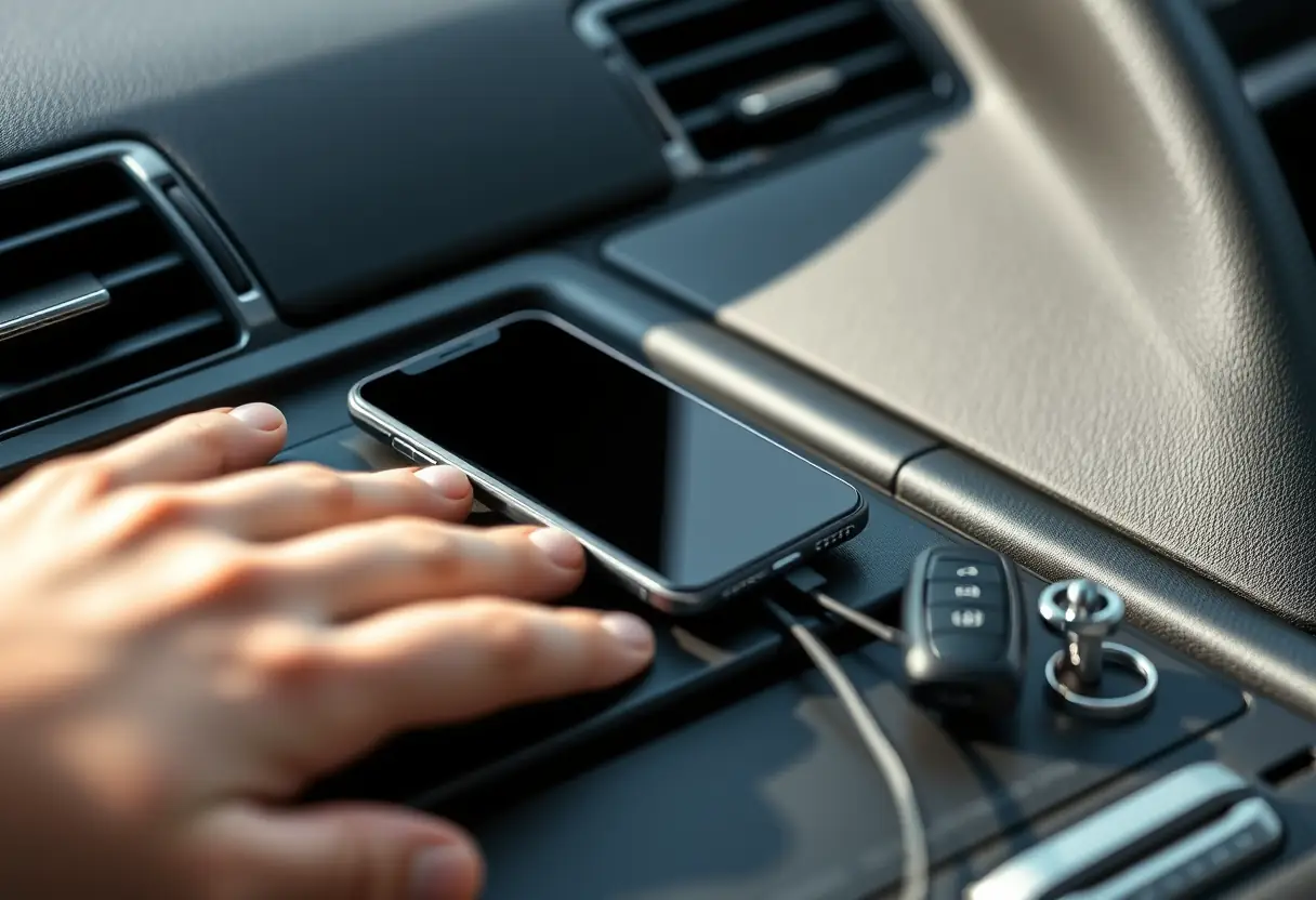Une main posant un tapis de chargement sans fil sur le tableau de bord de la voiture