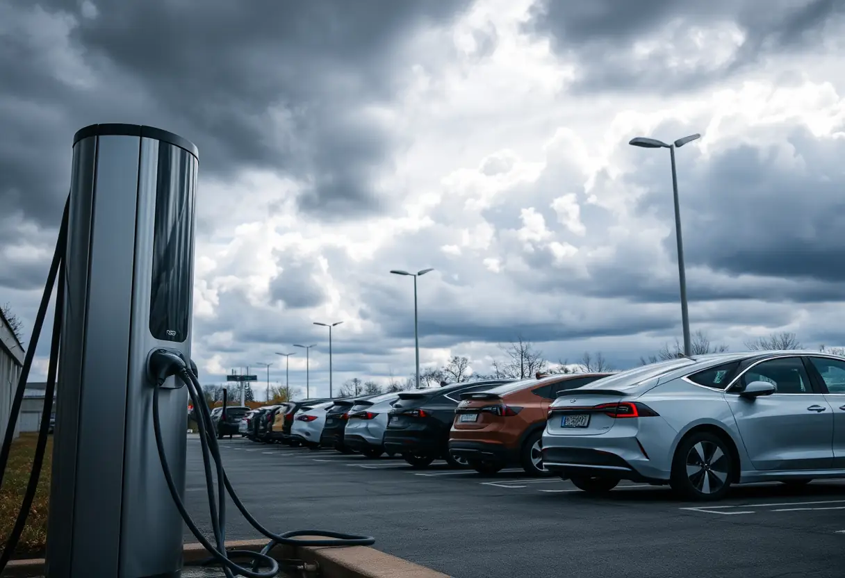 une borne de recharge extérieure sous un ciel gris dans un parking pour voitures électriques