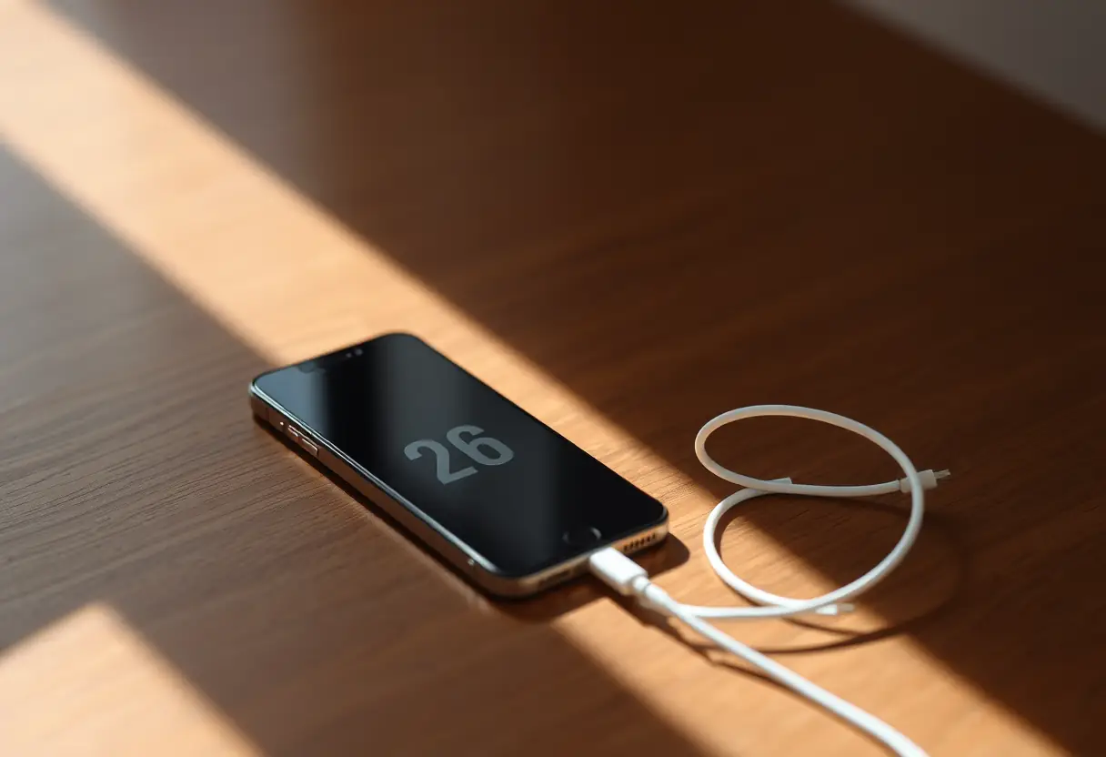Un iPhone posé sur une table en bois avec son câble de charge à côté, éclairé naturellement