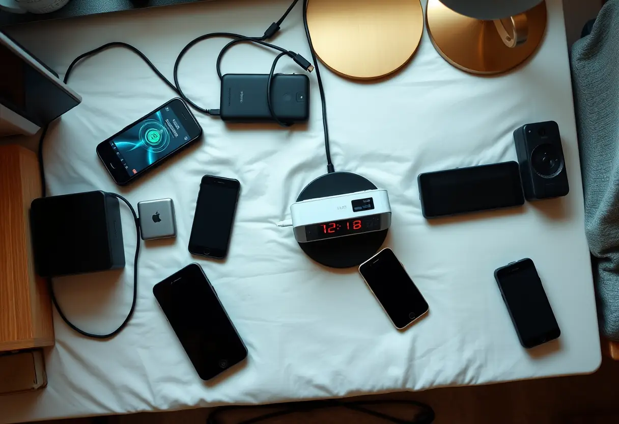 Bureau avec divers appareils électroniques, y compris un réveil radio rechargeable sans fil