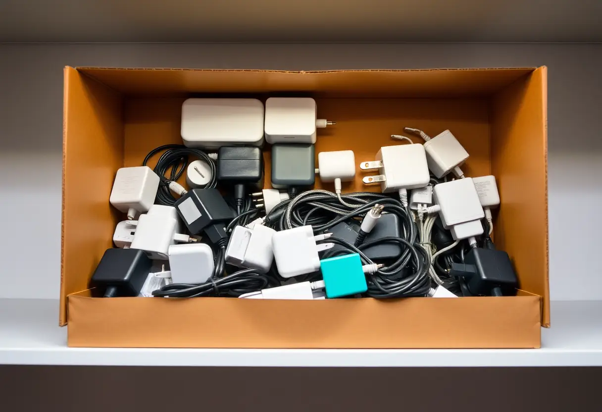 Boîte rectangulaire contenant divers chargeurs électroniques disposés soigneusement sur une étagère