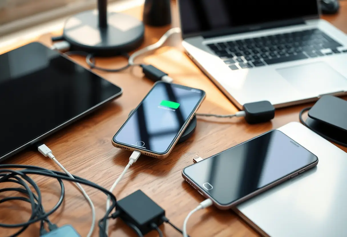 Tableau de charge avec smartphone, tablette et ordinateur portable, lumière naturelle